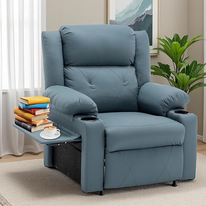 Power Recliner Chair with Vibration Massage &amp HeatUpholstered Faux Leather Single Reclining Sofa with Side Pockets Side Table for Living Room Home Theater (Blue)