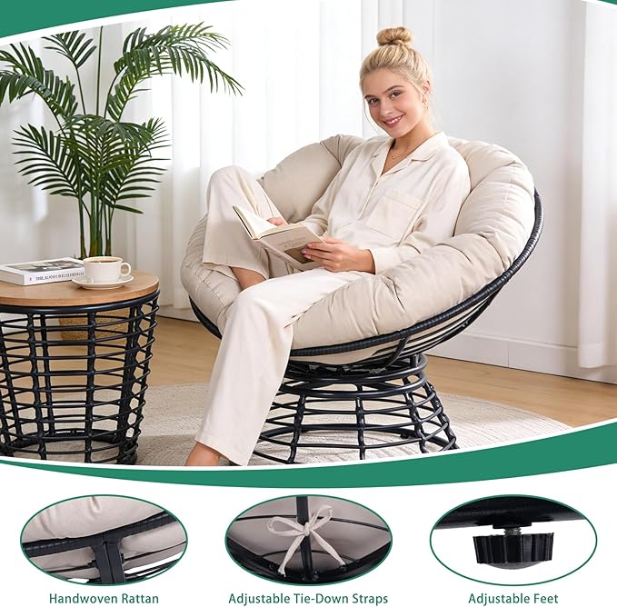 43 Ergonomic 360° Swivel Papasan Chair Wicker Round Chair with Thick Cushion Lounge Chair for Living Room Bedroom Reading Nook Indoor Outdoor Use (Black + Light Gray)