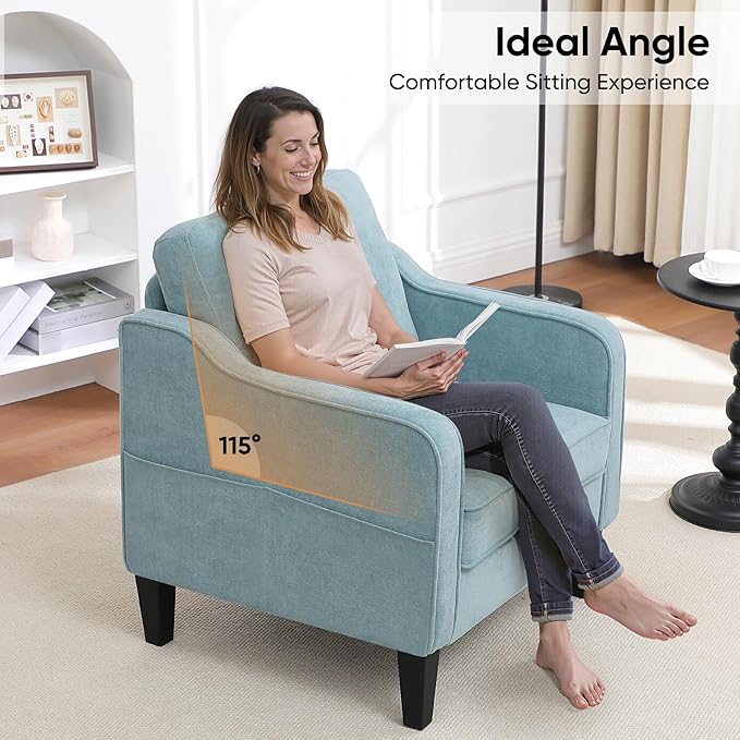 Accent Chair for Living Room Mid Century Modern Reading Chair for Bedroom Upholstered Armchair with Side Pockets Comfy Single Sofa Side Chair for Office Apartment Small Room Teal Green
