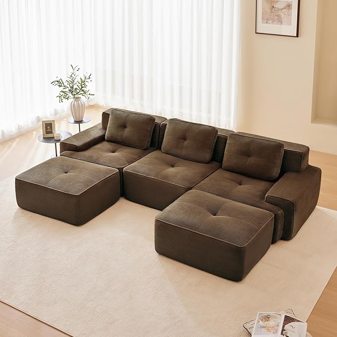 Boneless Couch Modular Sectional Sofa 117 Modern Cloud Couch with Deep Seat Comfy Corduroy U Shaped Sectional Couches for Living Room 3 Seater Tufted Floor Sofa with Movable Ottoman Brown