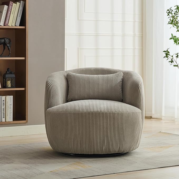 360° Swivel Armchair with Accent Pillow – Premium Corduroy Fabric Sturdy Metal Base &amp High-Density Foam – Ergonomic Lounge Chair for Living Room Office Bedroom – Easy Assembly