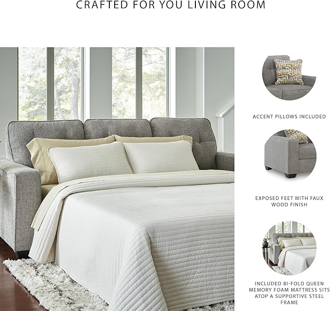 Signature Design by Ashley Fanciful Classic Sofa Sleeper with Tufted Cushion Removable Cushion and Bi-Fold Memory Foam Mattress Queen Light Gray