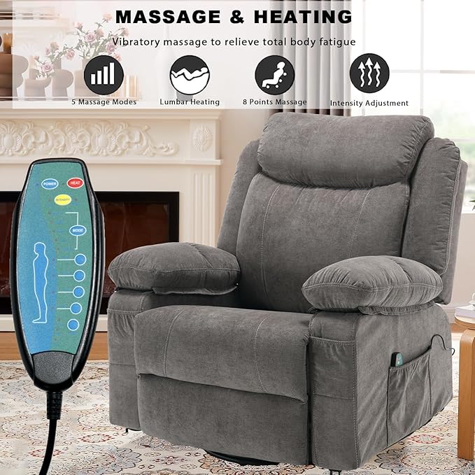 Swivel Rocker Recliner Chair with Massage and Heat Overstuffed Nursery Recliners Oversized Fabric Single Sofa Manual Reclining Home Theater Lounge Chairs for Living Room Adults Grey