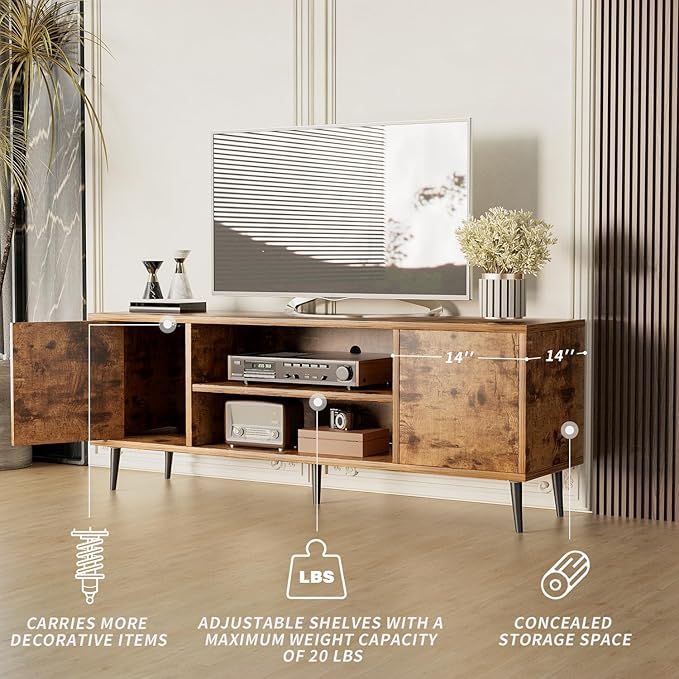 JUMMICO TV Stand for 65 Inch TV Mid Century Modern TV Stand Entertainment Center with Storage Cabinet and Open Shelves TV Console Table Media Cabinet for Living Room and Bedroom (Rustic Brown)