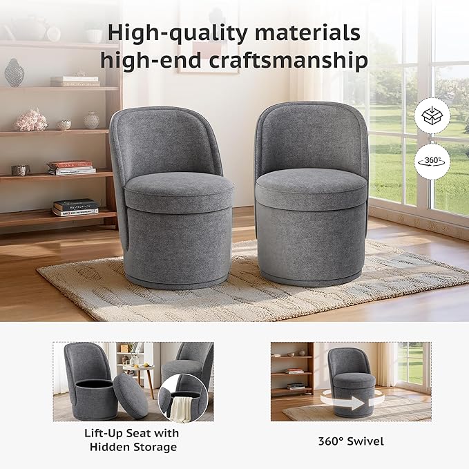 Swivel Accent Chair Set of 2 360° Swivel Round Chair with Hidden Storage Vanity Chairs Modern Small Barrel Armchair for Living Room/Bedroom Darkgrey