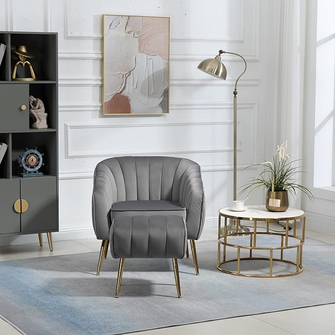 Velvet Accent Chair with Ottoman Modern Tufted Barrel Chair Ottoman Set for Living Room Bedroom Golden ed Grey