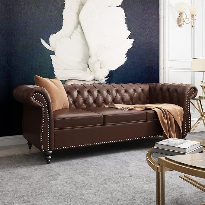 ONCIN Chesterfield Sofa Leather for Living Room 3 Seater Sofa Tufted Couch Faux Leather with Rolled Arms and Nailhead for Living Room Bedroom Office Apartment (Dark Brown)