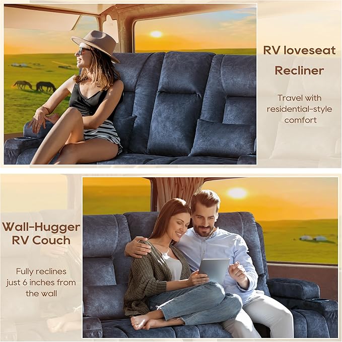 URRED Manual Reclining Loveseat Sofa with Console Double Recliner RV Couch with Bluetooth Speakers USB &amp Power Outlet Cup Holders Pillow and Side Pocket for Home Theater (Blue)