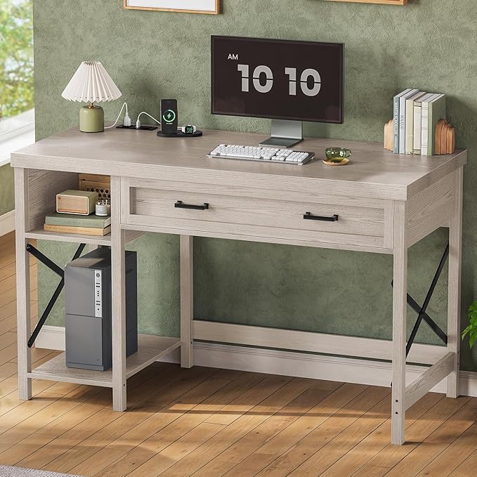 SEDETA Farmhouse Small Desk with Drawers 40 Computer Desk with Storage Shelves Writing Desk for Small Space and Power Outlet Desk for Bedroom Home Office Mahogany Grey