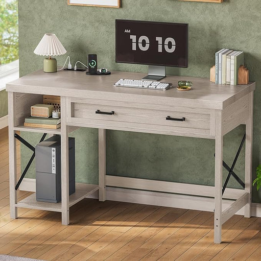 SEDETA Farmhouse Small Desk with Drawers 40 Computer Desk with Storage Shelves Writing Desk for Small Space and Power Outlet Desk for Bedroom Home Office Mahogany Grey