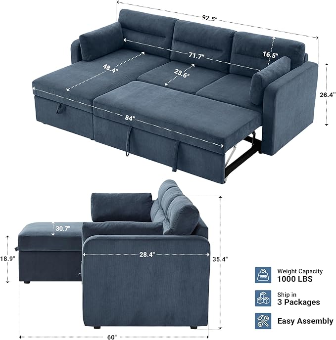 Tbfit 92.5'' 3 in 1 Sleeper Sofa Couch with Storage Chaise Corduroy Sofa Bed with Pull Out Bed Convertible Sleeper Sofas for Living Room Small Spaces Blue