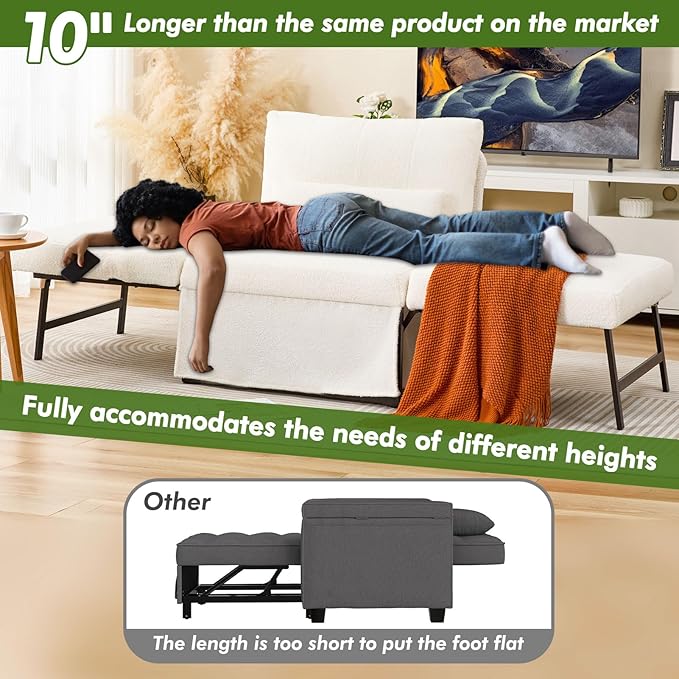 Sleeper Chair Bed Upgrade 4-in-1 to 5-in-1 Convertible Multi-fuction Sofa Chair w/Adjustable Backrest Assembly-Free Linen Folding Sofa Ottoman Bed for Living Room Apartment (Wool White)