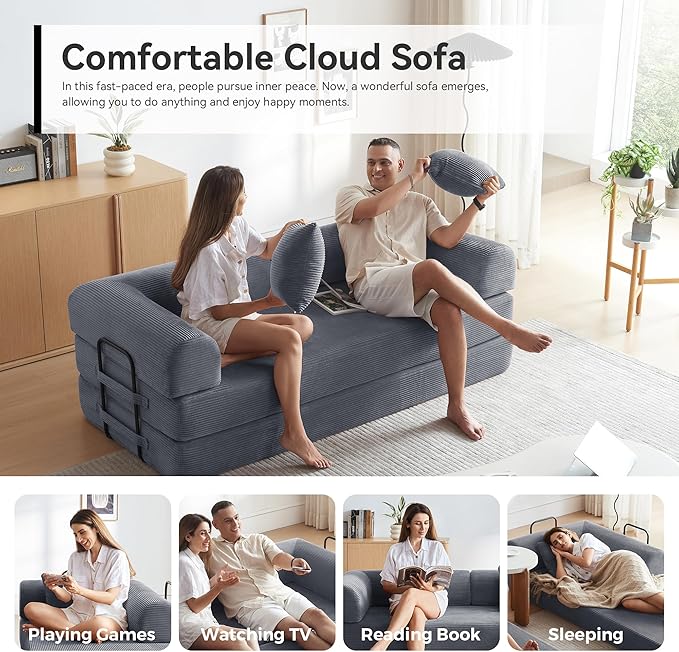 Sofa Bed Corduroy Sleeper Sofa Bed with Fixed Frame Floor Sofa Lounge with Pillow Convertible Folding Mattress Couch for Living Room Bedroom Lounge Studio (Dark Grey)