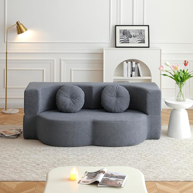 76 Convertible Folding Futon Sofa Bed Queen Sleeper Sofa with Pillow Teddy Fabric Floor &amp Futon Loveseat Couch Foam Folding Mattress Sleeper for Living Room Guest Use OfficeApartment (Grey)