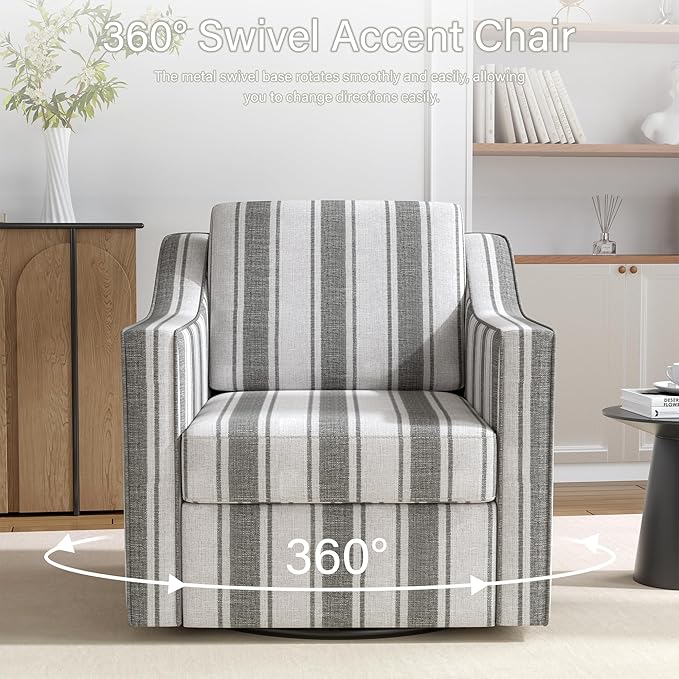 Swivel Accent Chair 360° Swivel Upholstered Club Armchairs for Living Room Comfy Fabric Single Sofa Reading Chair with Deep Seat Metal Swivel Base Gray Stripe