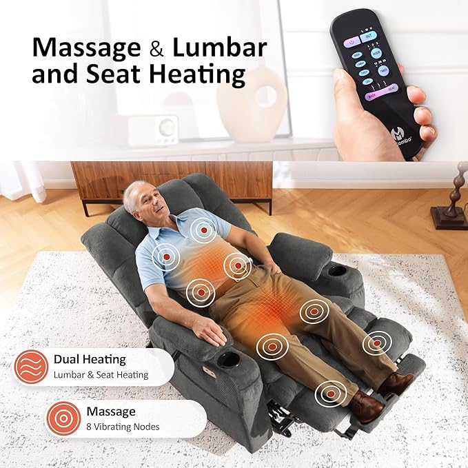 MCombo Large Triple Motor Power Lift Recliner Chair with Massage and Dual Heating Adjustable Headrest for Tall Elderly People Fabric 7634 (Grey Large)