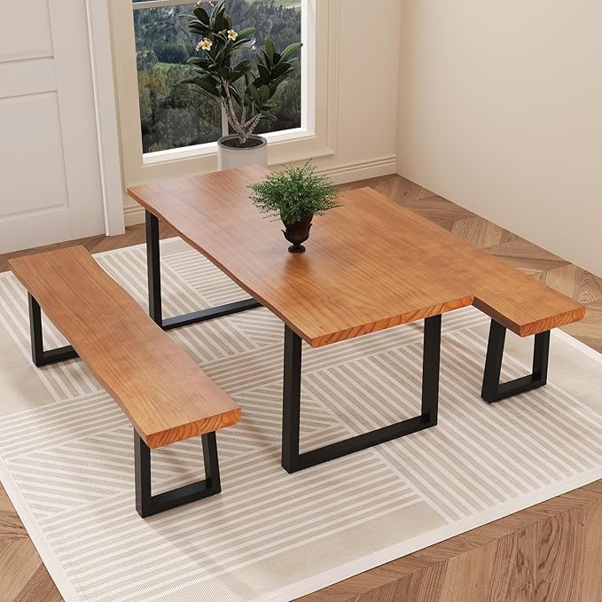Solid Wood Top Bench with Metal Legs Durable Long Bench for Home Office Living Room Dining Room Versatile Multi Size Options Perfect Chair Stool Dining Bench Dining Chair (Light brown bench 62.99in)
