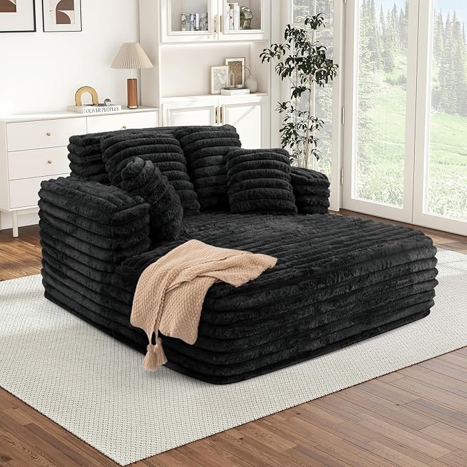Chaise Lounge Chair Indoor Comfy Corduroy Plush Fluffy Foam Floor Compressed Sofa Chair Leisure Reading Single Sleeper Chaise Chair for Living Room Bedroom Office Pillows Included (Black)