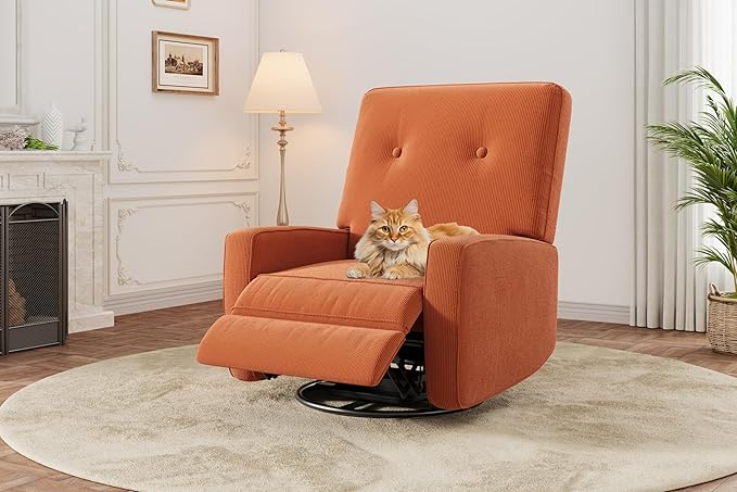 GarveeHome Recliner Chairs Swivel Rocker Recliner Glider Recliner Nursery Chair for Adults 360° Swivel Glider Rocking Chair for Living Room Bedroom Office RV Small Spaces Corduroy Orange