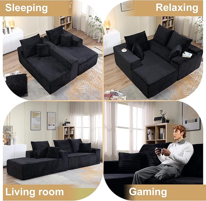 107 L-Shaped Cloud Couch with Pillows Modular Sectional Sofa with Chaise Comfy Corduroy 3-Seater Sofa with Deep-Seat for Living Room No Assembly Required (Black Left-Facing Chaise)