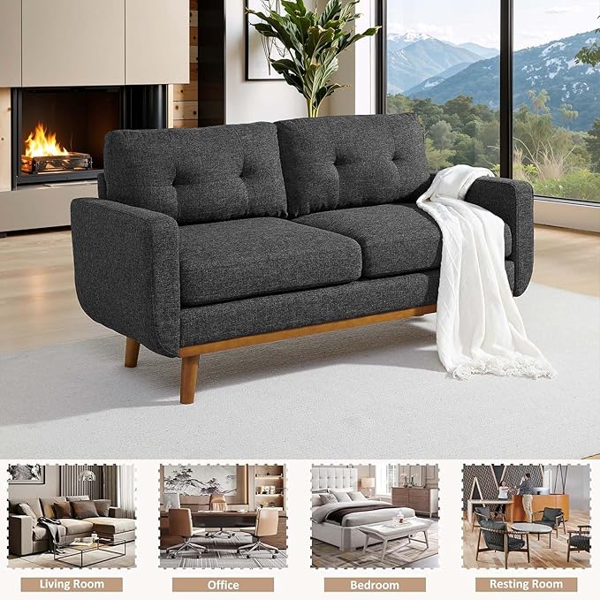 67.7 Mid-Century Modern Loveseat Sofa2-Seat Small Couch with Wooden Legs and Tufted Back for Living Room Bedroom Office ApartmentMini Upholstered Love Seat (Dark Gray)