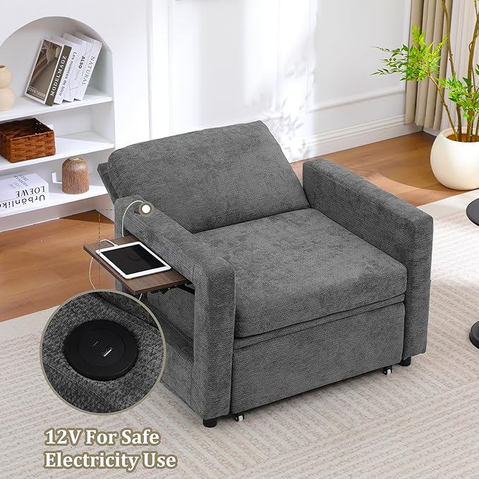 3 in 1 Folding Convertible Sleeper Sofa Bed Pull Out Couch with Side PocketsUSB PortSide TableLoveseat Sofa Bed with Adjustable Backrest for Living Room Bedroom 66 Darkgrey 1 SEAT
