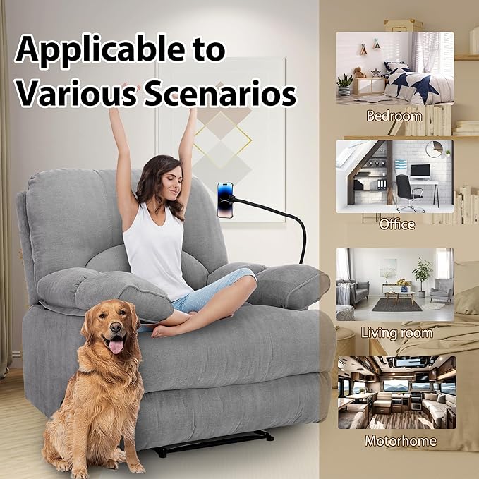 Oversized Recliner Chairs with Phone Holder Large Recliner Soft Fabric Overstuffed Big Man Recliner for Heavy Duty 400lbs Adults for Living Room Bedroom Nursery RV Grey