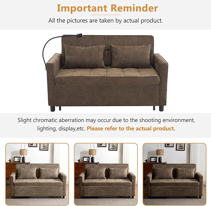 Zateety 3-in-1 Loveseat Sofa Bed Adjustable Backrest 56.9 Pull Out Sofa Bed Soft Chenille Sofa Couch with Large Pockets and Lumbar Pillows Sleeper Couch for Small Space