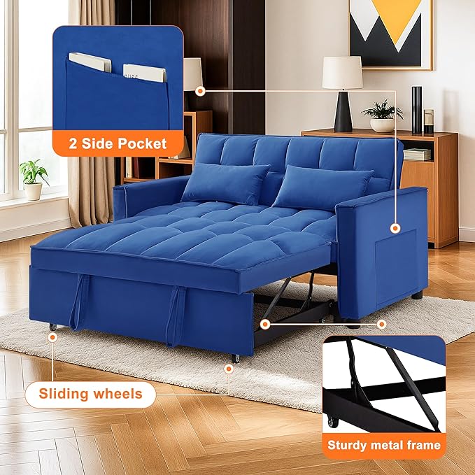 Sleeper Sofa Couch with Pullout Bed 54'' Velvet Futon Loveseat Sofa 3-in-1 Convertible Love Seat Couch for Living Room Apartment Chair Bed Sleeper for Adults (Blue)