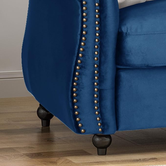 Great Deal Furniture GDFStudio Chesterfield Tufted Jewel Toned Velvet Sofa with Scroll Arms Navy Blue