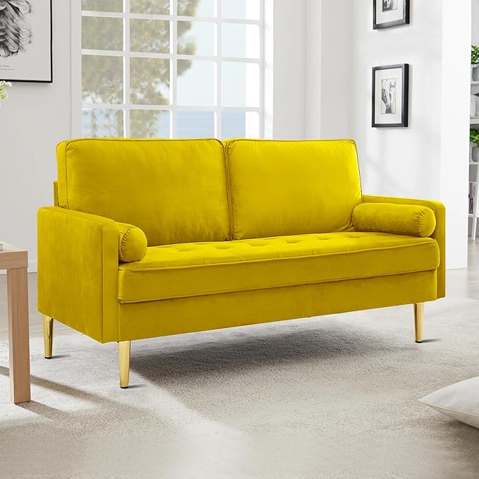 Velvet Loveseat Sofa 66.9'' Mid Century Modern Small Love Seats with 2 Pillows &amp Golden Legs Comfy Couch for Living Room Upholstered 2 Seater Sofa for Small Apartment (Yellow)