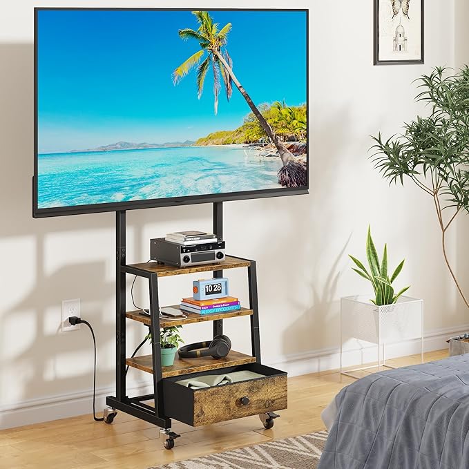 Rolling TV Stand with Wheels and Mount &amp Fabric Drawer - Entertainment Center with Power Outlet and Small TV Stand for Bedroom Living Room - 15 Rustic Brown