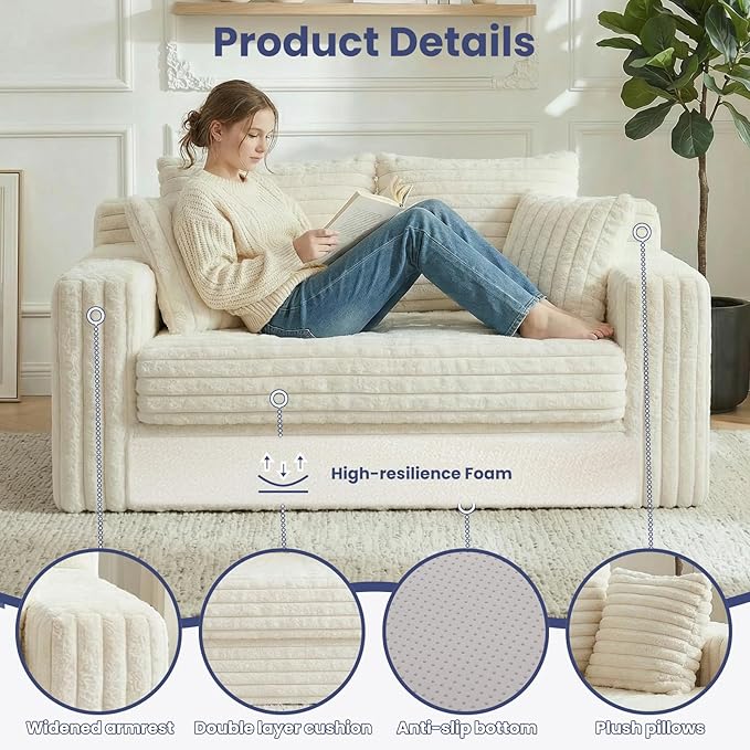 3-in-1 Convertible Sofa Bed: Boneless Loveseat Sleeper &amp Folding Couch Bed with 4 Pillows &amp Detachable CushionFurry Futon Couch for BedroomApartmentOffice and Living Room No AssemblyBeige