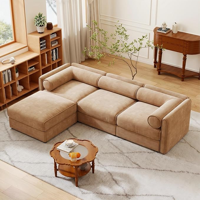 109 inch Cloud Modular 3 Seater Sofa with Storage Ottoman Modern Upholstered Storage Sofa Couch Deep Seat L Shape Sectional Sofa Chenille Comfy Couch for Living Room Apartment Camel