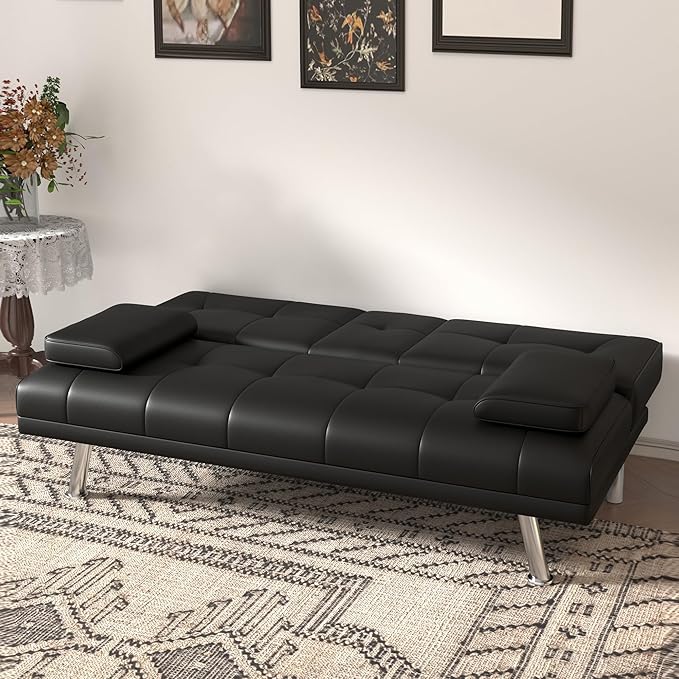 Anwick Convertible Folding Futon Sofa BedModern PU Leather Sleeper Love Seat with 3 Reclining Backrest &amp Cup Holders67 Comfy Sofa Couches for Living Room Small Home Office (Black)
