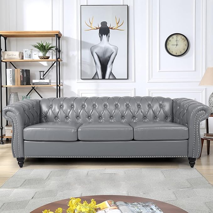 RARZOE Modern 3 Seater PU Chesterfield Sofa Upholstered Tufted Button Leather Chesterfield Couch Classic Faux Leather Settee with Nailhead Trim Scroll Arms for Living Room Bedroom(Grey)