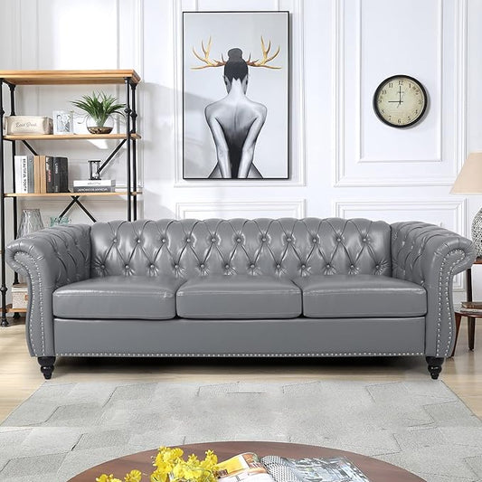 RARZOE Modern 3 Seater PU Chesterfield Sofa Upholstered Tufted Button Leather Chesterfield Couch Classic Faux Leather Settee with Nailhead Trim Scroll Arms for Living Room Bedroom(Grey)