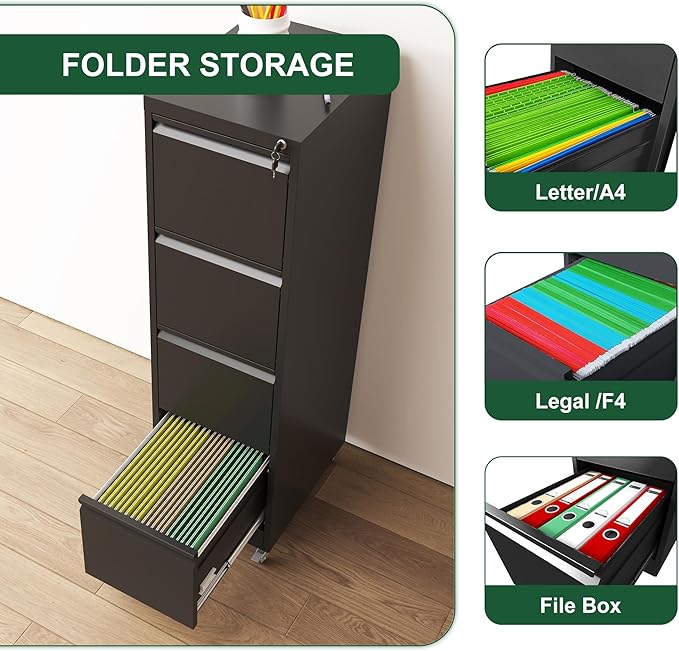4 Drawer Small Metal File Cabinet with Lock - Locking Filing Cabinets Organizer for HomeOffice Under Desk Storage Drawers17.71 D*15.16 W*52.28 HBlack