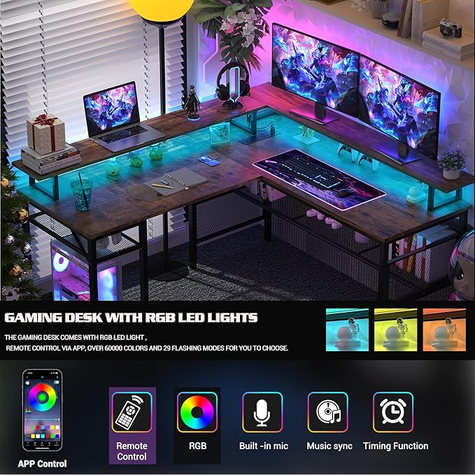 Unikito L Shaped Desk with LED Light and Power Outlet Reversible Corner Computer Table with Monitor Stand and Storage Shelf Modern L- Shaped Gaming Desk Ergonomic Home Office Desk Rustic Brown