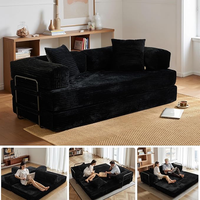 HOOOWOOO Convertible Folding Futon Sofa Bed4 in 1 Corduroy Sleeper Couch No Assembly80.5 Boneless Loveseat Lounge with Steel Frame Support for Living Room Bedroom Guest Room(Black)
