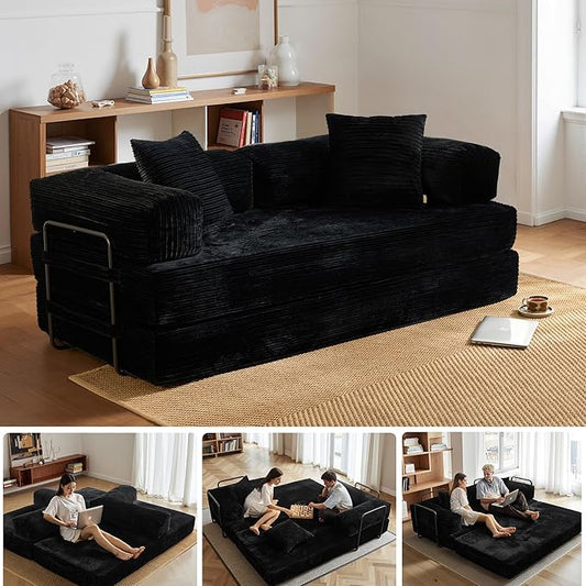 HOOOWOOO Convertible Folding Futon Sofa Bed4 in 1 Corduroy Sleeper Couch No Assembly80.5 Boneless Loveseat Lounge with Steel Frame Support for Living Room Bedroom Guest Room(Black)