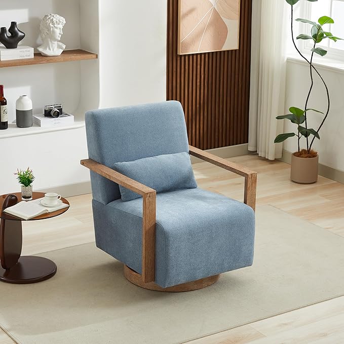 Swivel Modern Upholstered Accent Chair with Solid Wood Armrests and 360 Degree Comfy Lounge Reading Chair Side Armchair for Hotel Bedroom Living Room Office and Nursery Room (Blue)