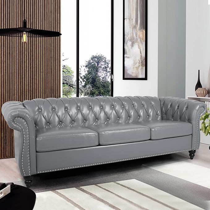 RARZOE Modern 3 Seater PU Chesterfield Sofa Upholstered Tufted Button Leather Chesterfield Couch Classic Faux Leather Settee with Nailhead Trim Scroll Arms for Living Room Bedroom(Grey)