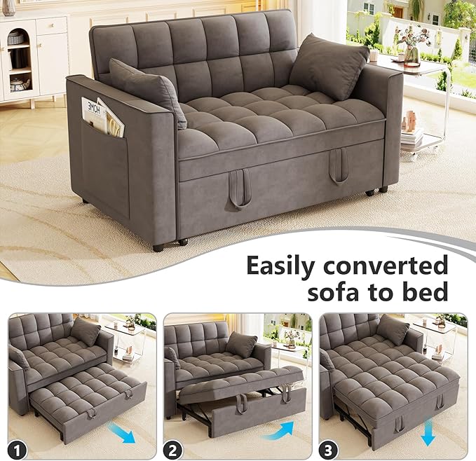 Hison Convertible Sleeper Sofa Bed 3 in 1 Pull Out Couch Bed with Adjustable Backrest Sectional Small Couches for Small Spaces Loveseat for Apartment Living Room (Dark Gray Velvet)