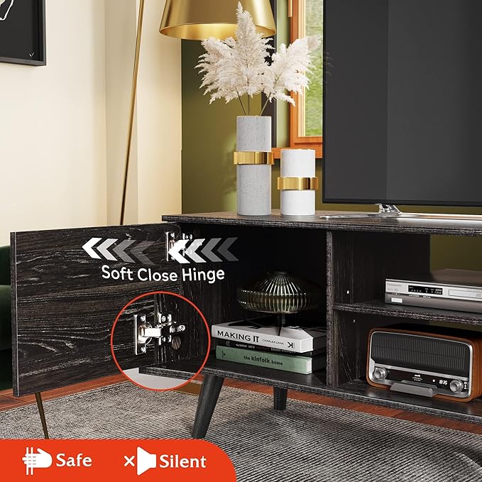 WLIVE Mid-Century Modern TV Stand for 55/60 Inch TV Entertainment Center with Storage &amp Adjustable Shelves Media Console with Soft-Close Cabinets for Living Room/Bedroom Greige White