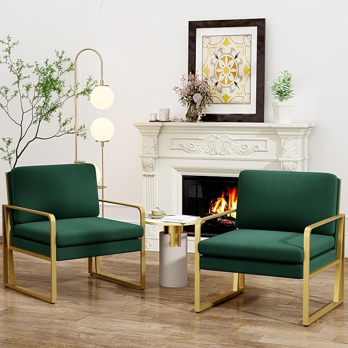 Andeworld Velvet Accent Chair Mid Century Living Room ArmchairUpholstered Modern Sofa Side Chair with Metal Golden Legs for ReadingLoungingBedroom Apartment Green