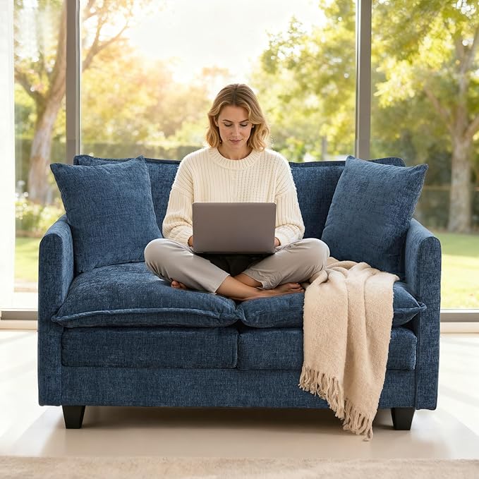 Loveseat Sofa Cloud Sofa Couch 50'' Modern Loveseats 2 Seat Couch 27 Deep Seat with 2 Pillows for Small Spaces Apartment Studio Office Bedroom Living Room 8834-BLUE