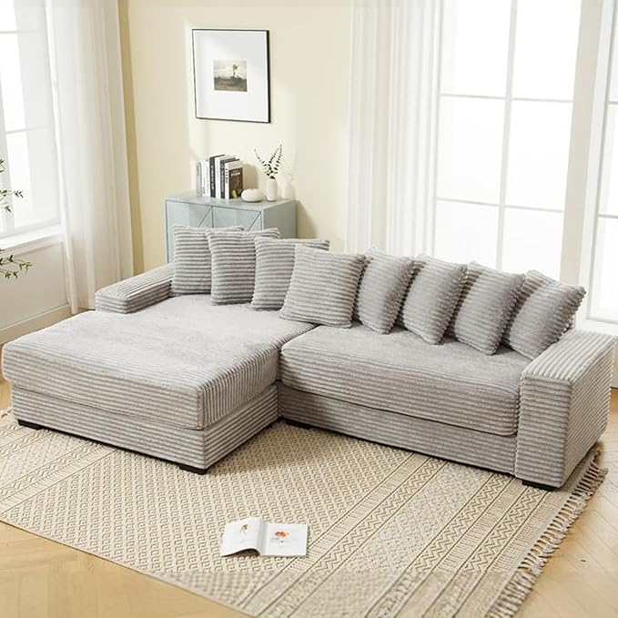 111'' Modern Sectional Sofa L-Shaped Corduroy Couch with Left Chaise Daybed Extra-Wide Oversized Lounge 8 Pillows Corner Sofa Set for Living Room Apartment Office Hotel Bedroom Grey