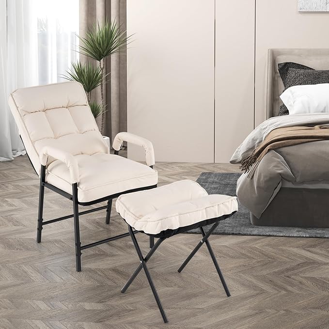 Giantex Modern Accent Chair with Ottoman Upholstered Arm Chair with Adjustable Backrest &amp Solid Metal Frame Linen Fabric Single Sofa Chair and Footrest Set for Bedroom Living Room (Beige)
