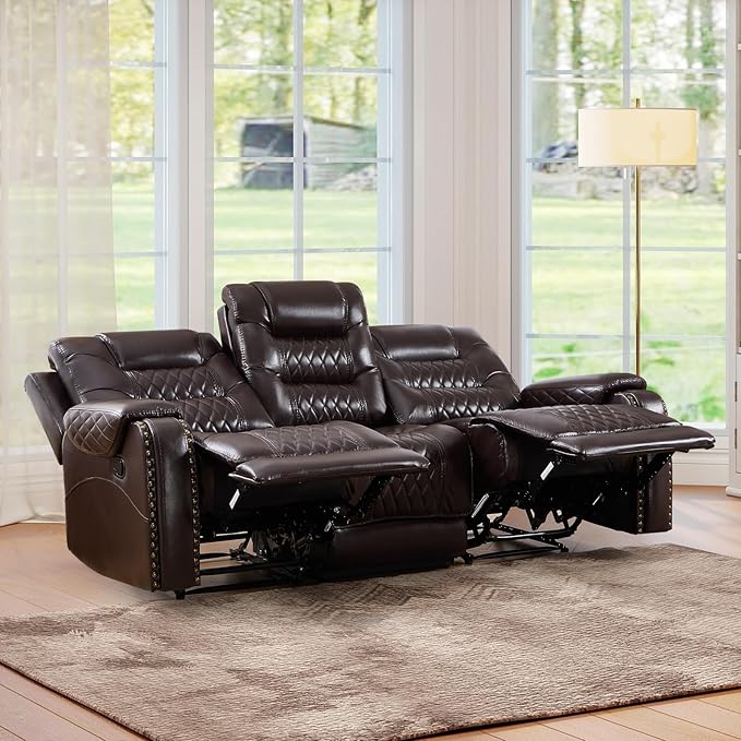 EBELLO Manual Reclining Sofa for Living Room Faux Leather 3 Seater Reclining Couch Chair Vintage Rivet Mid-Century Modern Design Furniture for Living Room Meeting Room Dark Brown